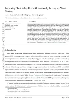Improving Chest X-Ray Report Generation by Leveraging Warm Starting