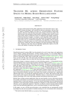 Transfer RL across Observation Feature Spaces via Model-Based
  Regularization