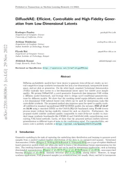 DiffuseVAE: Efficient, Controllable and High-Fidelity Generation from
  Low-Dimensional Latents
