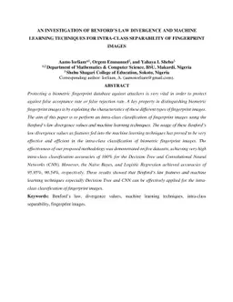 An Investigation of "Benford's" Law Divergence and Machine Learning
  Techniques for "Intra-Class" Separability of Fingerprint Images