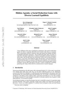Hidden Agenda: a Social Deduction Game with Diverse Learned Equilibria