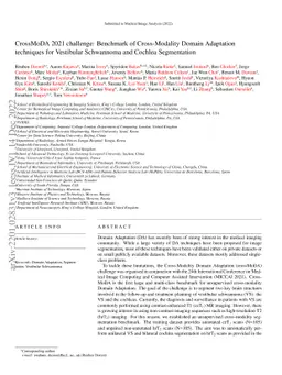CrossMoDA 2021 challenge: Benchmark of Cross-Modality Domain Adaptation
  techniques for Vestibular Schwannoma and Cochlea Segmentation