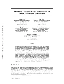 Preserving Domain Private Representation via Mutual Information
  Maximization