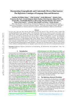 Documenting Geographically and Contextually Diverse Data Sources: The
  BigScience Catalogue of Language Data and Resources