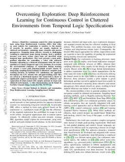 Overcoming Exploration: Deep Reinforcement Learning for Continuous
  Control in Cluttered Environments from Temporal Logic Specifications