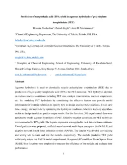 Prediction of terephthalic acid (TPA) yield in aqueous hydrolysis of
  polyethylene terephthalate (PET)