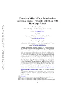 Two-Step Mixed-Type Multivariate Bayesian Sparse Variable Selection with
  Shrinkage Priors