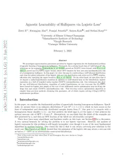 Agnostic Learnability of Halfspaces via Logistic Loss