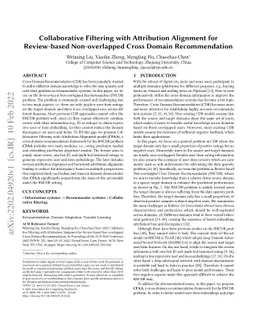 Collaborative Filtering with Attribution Alignment for Review-based
  Non-overlapped Cross Domain Recommendation
