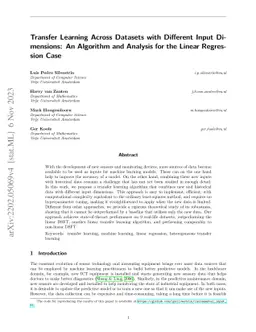 Transfer-Learning Across Datasets with Different Input Dimensions: An
  Algorithm and Analysis for the Linear Regression Case