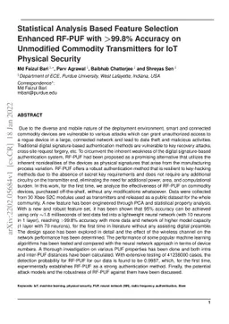 Statistical Analysis Based Feature Selection Enhanced RF-PUF with >99.8%
  Accuracy on Unmodified Commodity Transmitters for IoT Physical Security