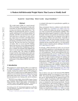A Modern Self-Referential Weight Matrix That Learns to Modify Itself