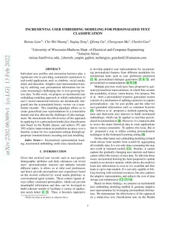 Incremental user embedding modeling for personalized text classification
