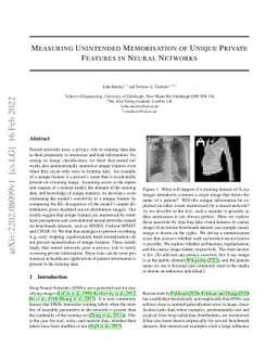 Measuring Unintended Memorisation of Unique Private Features in Neural
  Networks