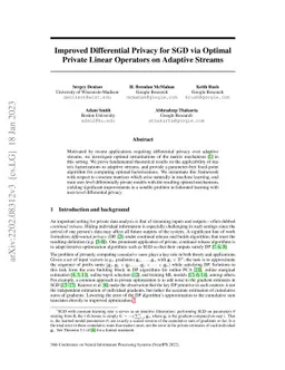 Improved Differential Privacy for SGD via Optimal Private Linear
  Operators on Adaptive Streams