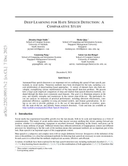 Deep Learning for Hate Speech Detection: A Comparative Study