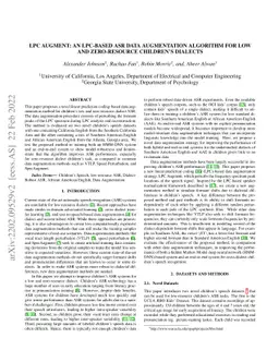 LPC Augment: An LPC-Based ASR Data Augmentation Algorithm for Low and
  Zero-Resource Children's Dialects