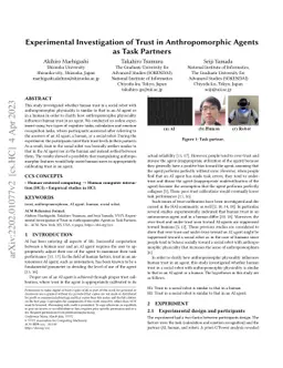 Experimental Investigation of Trust in Anthropomorphic Agents as Task
  Partners
