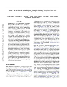 mSLAM: Massively multilingual joint pre-training for speech and text