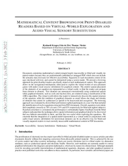 Mathematical Content Browsing for Print-Disabled Readers Based on
  Virtual-World Exploration and Audio-Visual Sensory substitution