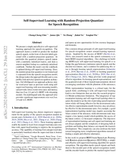 Self-supervised Learning with Random-projection Quantizer for Speech
  Recognition