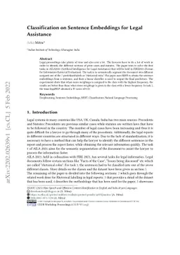 Classification on Sentence Embeddings for Legal Assistance
