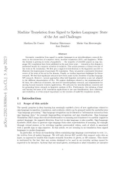 Machine Translation from Signed to Spoken Languages: State of the Art
  and Challenges