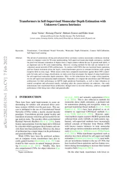 Transformers in Self-Supervised Monocular Depth Estimation with Unknown
  Camera Intrinsics