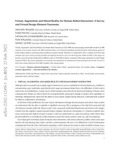 Virtual, Augmented, and Mixed Reality for Human-Robot Interaction: A
  Survey and Virtual Design Element Taxonomy