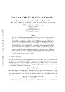 Fast Feature Selection with Fairness Constraints
