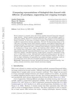 Comparing representations of biological data learned with different AI
  paradigms, augmenting and cropping strategies
