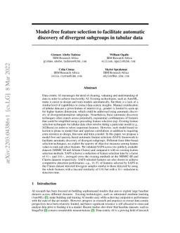 Model-free feature selection to facilitate automatic discovery of
  divergent subgroups in tabular data