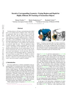 Iterative Corresponding Geometry: Fusing Region and Depth for Highly
  Efficient 3D Tracking of Textureless Objects