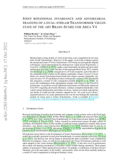 Joint rotational invariance and adversarial training of a dual-stream
  Transformer yields state of the art Brain-Score for Area V4