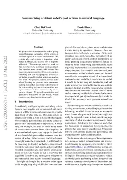 Summarizing a virtual robot's past actions in natural language