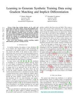 Learning to Generate Synthetic Training Data using Gradient Matching and
  Implicit Differentiation