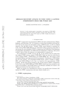 Message recovery attack to NTRU using a lattice independent from the
  public key