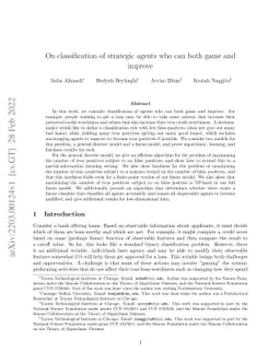 On classification of strategic agents who can both game and improve