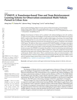 $ \text{T}^3 $OMVP: A Transformer-based Time and Team Reinforcement
  Learning Scheme for Observation-constrained Multi-Vehicle Pursuit in Urban
  Area