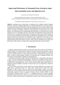 Improving Performance of Automated Essay Scoring by using
  back-translation essays and adjusted scores