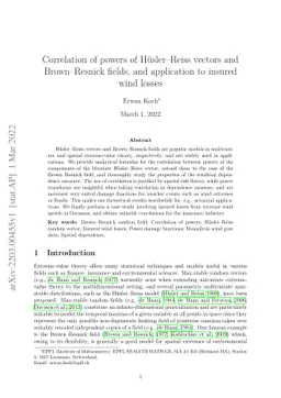 Correlation of powers of Hüsler-Reiss vectors and Brown-Resnick
  fields, and application to insured wind losses
