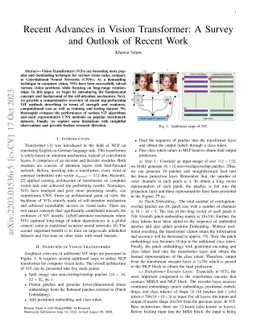 Recent Advances in Vision Transformer: A Survey and Outlook of Recent
  Work