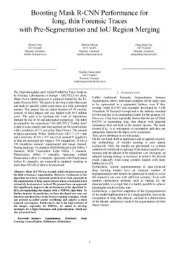 Boosting Mask R-CNN Performance for Long, Thin Forensic Traces with
  Pre-Segmentation and IoU Region Merging