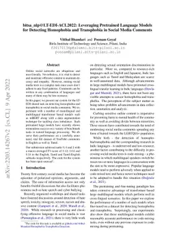 bitsa_nlp@LT-EDI-ACL2022: Leveraging Pretrained Language Models for
  Detecting Homophobia and Transphobia in Social Media Comments