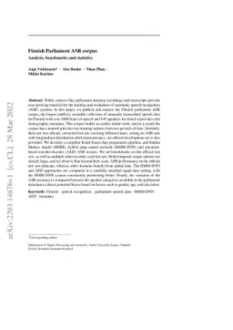 Finnish Parliament ASR corpus - Analysis, benchmarks and statistics