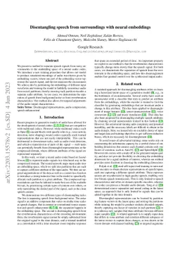 Disentangling speech from surroundings with neural embeddings