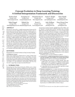 Concept Evolution in Deep Learning Training: A Unified Interpretation
  Framework and Discoveries