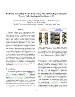 Dual Temperature Helps Contrastive Learning Without Many Negative
  Samples: Towards Understanding and Simplifying MoCo