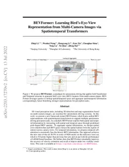 BEVFormer: Learning Bird's-Eye-View Representation from Multi-Camera
  Images via Spatiotemporal Transformers