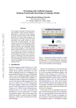 Pretraining with Artificial Language: Studying Transferable Knowledge in
  Language Models